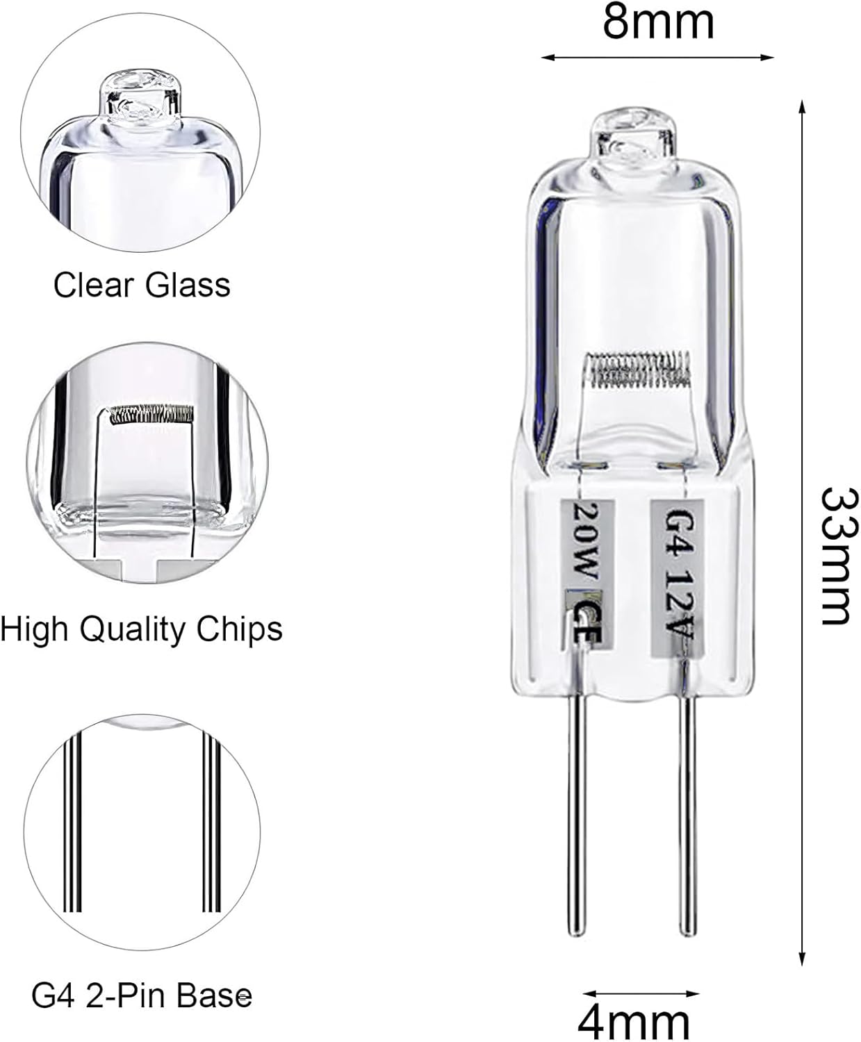 G4 Halogen Light Bulbs 20W 12V, 10 Pack Clear Capsule 2 Pin Lamp Bulb Halogen Pin Base Warm White Dimmable [Energy Class G]