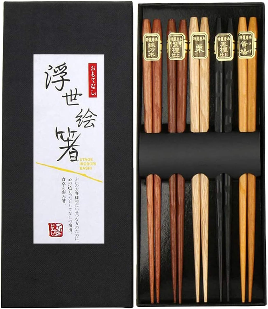 5 Pairs Chopsticks, Natural Wood Reusable Chopsticks Set with Luxurious Black Handmade Box for Sushi, Noodle, Rice, Ramen